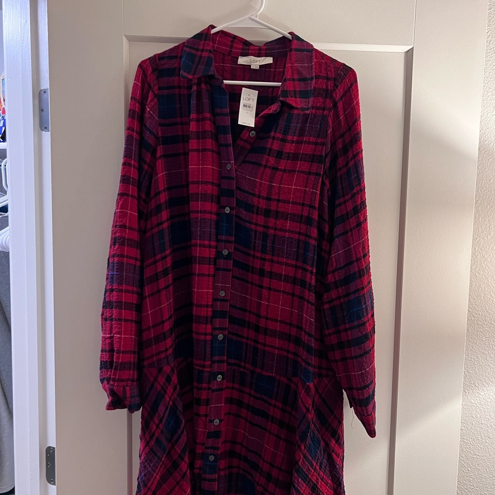 LOFT Red and Black Plaid Button-Up Shirt Dress